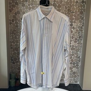 Linea Dime Men's Blue White Yellow Striped Dress Shirt 17 1/2-18